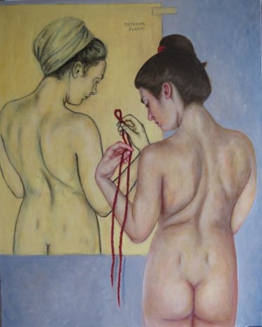 Schilderij getiteld "Fil rouge 1.JPG" door Tatiana Claux, Origineel Kunstwerk, Olie
