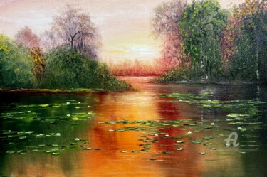 Painting titled "Summer Lake" by Tanja Frost, Original Artwork, Oil Mounted on Wood Stretcher frame