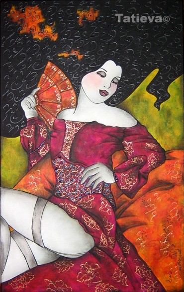 Peinture intitulée "Seffana à l'éventail" par Tatieva, Œuvre d'art originale