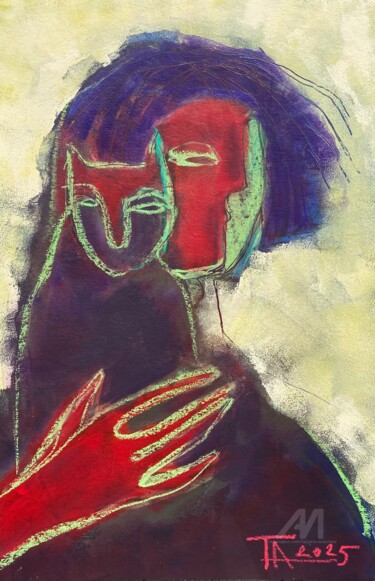 Drawing titled "Porträt mit einer K…" by Tatjana Auschew, Original Artwork, Pastel