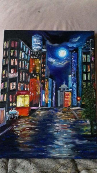 Painting titled "night city" by Tatjana Barova, Original Artwork, Oil