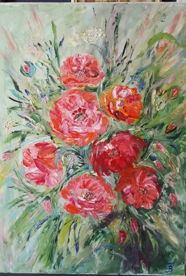 Картина под названием "The flowers Poppies" - Tatjana Barova, Подлинное произведение искусства, Масло
