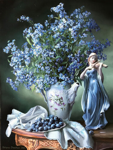 Painting titled "Forget-me-nots and…" by Tatjana Cechun, Original Artwork, Oil