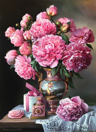 Malarstwo zatytułowany „Peonies - pink mood” autorstwa Tatjana Cechun, Oryginalna praca, Olej