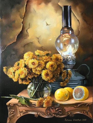 Pintura intitulada "Dandelions and an o…" por Tatjana Cechun, Obras de arte originais, Óleo