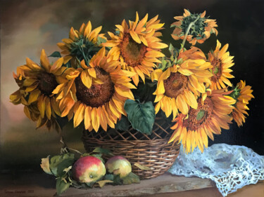 Malerei mit dem Titel "Sunflowers in a bas…" von Tatjana Cechun, Original-Kunstwerk, Öl