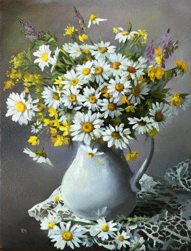 Painting titled "Daisies" by Tatjana Cechun, Original Artwork, Oil