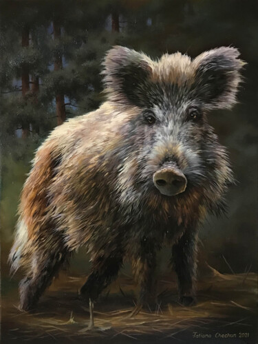 Pintura intitulada "Young boar" por Tatjana Cechun, Obras de arte originais, Óleo