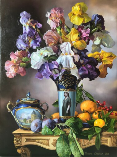 Painting titled "Still life with Iri…" by Tatjana Cechun, Original Artwork, Oil