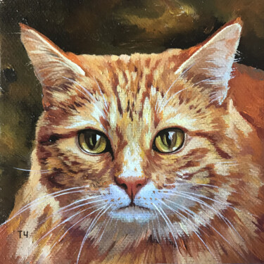 Painting titled "Miniature "Red  cat"" by Tatjana Cechun, Original Artwork, Oil