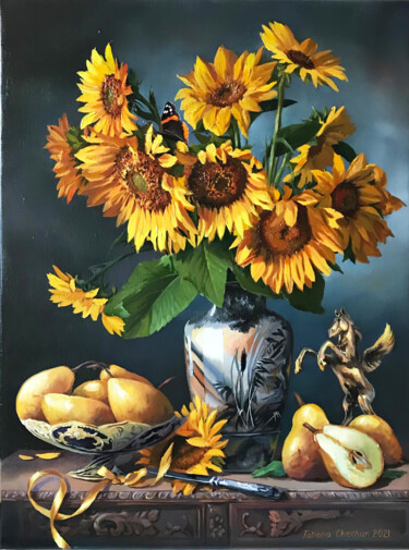 Malerei mit dem Titel "Sunflowers and pears" von Tatjana Cechun, Original-Kunstwerk, Öl
