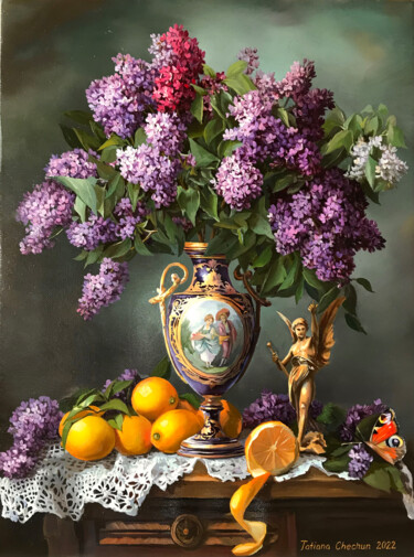 Painting titled "Lilacs and lemons" by Tatjana Cechun, Original Artwork, Oil