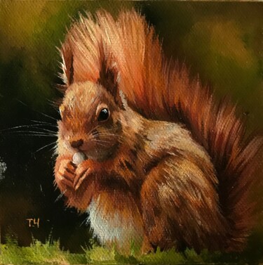 Painting titled "Red squirrel" by Tatjana Cechun, Original Artwork, Oil