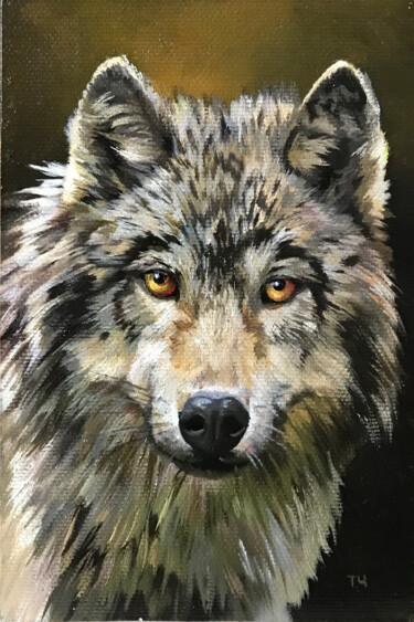 Malerei mit dem Titel "Miniature "Wolf"" von Tatjana Cechun, Original-Kunstwerk, Öl