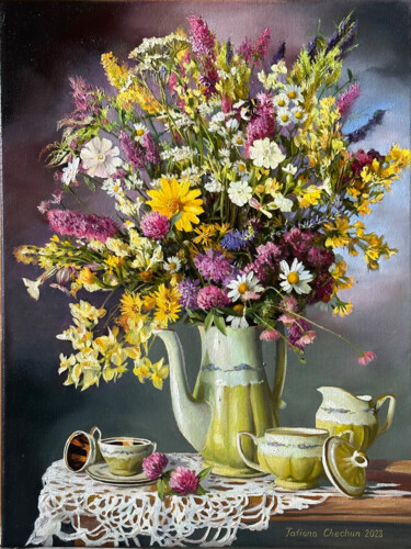 Painting titled "Autumn bouquet" by Tatjana Cechun, Original Artwork, Oil