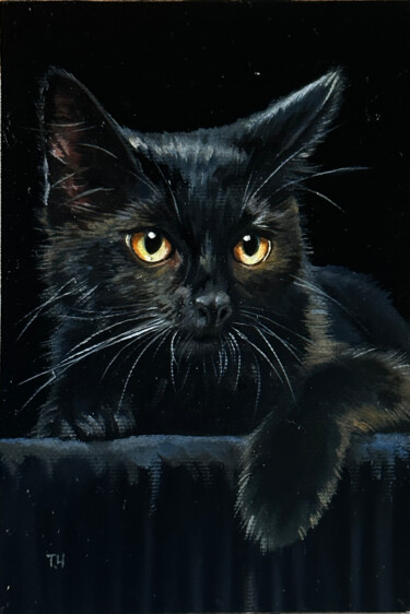 Картина под названием "Miniature "Black Ca…" - Tatjana Cechun, Подлинное произведение искусства, Масло Установлен на картон