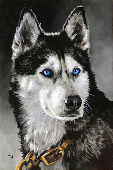 Painting titled "Miniature "Husky"" by Tatjana Cechun, Original Artwork, Oil