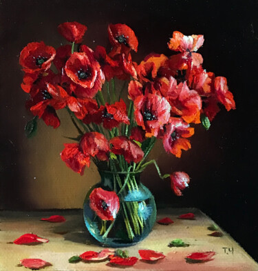 Malerei mit dem Titel "Miniature "Red Popp…" von Tatjana Cechun, Original-Kunstwerk, Öl
