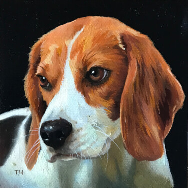 Schilderij getiteld "Miniature “Beagle”" door Tatjana Cechun, Origineel Kunstwerk, Olie