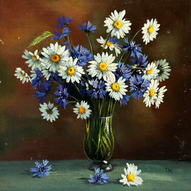 Painting titled "Miniature «Daisies…" by Tatjana Cechun, Original Artwork, Oil