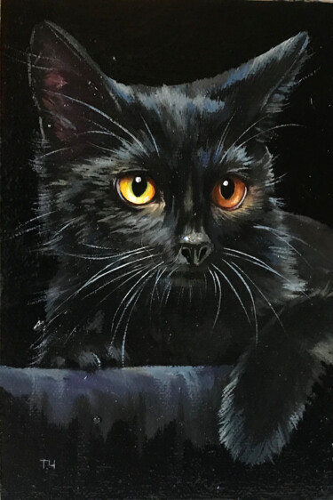 Malerei mit dem Titel "Black cat with diff…" von Tatjana Cechun, Original-Kunstwerk, Öl