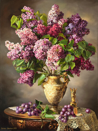 Pittura intitolato "Lilac and grapes" da Tatjana Cechun, Opera d'arte originale, Olio