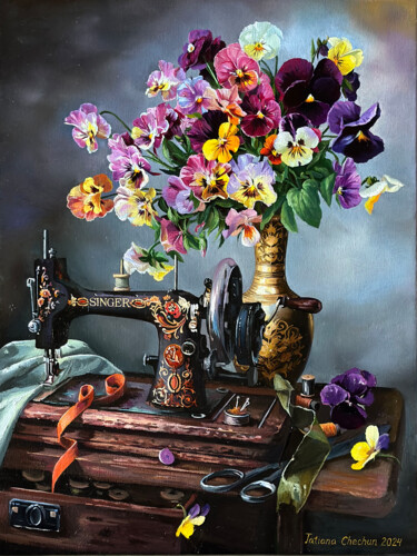 Painting titled "Pansies and a sewin…" by Tatjana Cechun, Original Artwork, Oil