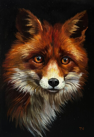 Malerei mit dem Titel "Miniature "Fox"" von Tatjana Cechun, Original-Kunstwerk, Öl Auf Karton montiert