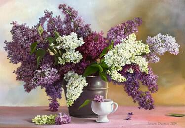 Pintura intitulada "Lilac in a bucket" por Tatjana Cechun, Obras de arte originais, Óleo