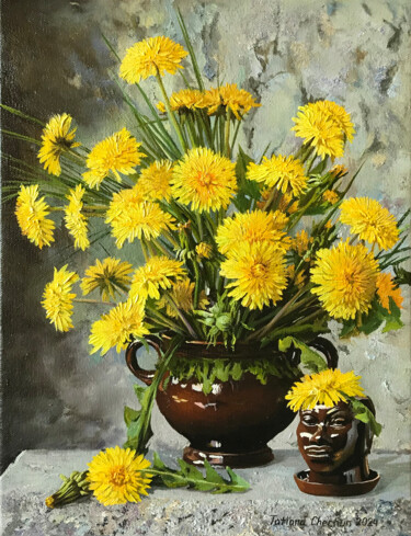 Картина под названием "Dandelions in clay…" - Tatjana Cechun, Подлинное произведение искусства, Масло