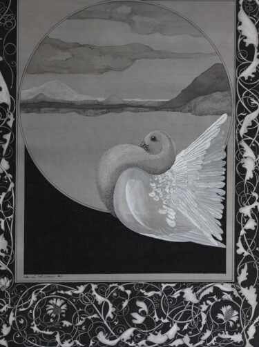 Zeichnungen mit dem Titel "Taube mit Akanthus" von Tatjana M. Pankau, Original-Kunstwerk, Tinte