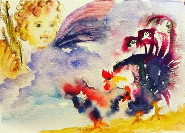 Картина под названием "Roosters and Rafael…" - Tatjana Karabasevic, Подлинное произведение искусства, Акварель