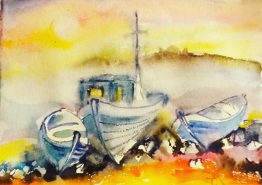 Painting titled "Izmir boats" by Tatjana Karabasevic, Original Artwork, Watercolor