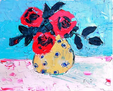 Ζωγραφική με τίτλο "Three rose in bokal" από Tatjana Karabasevic, Αυθεντικά έργα τέχνης, Βερνίκι