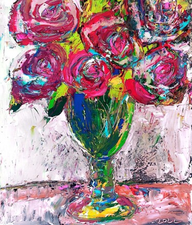 Картина под названием "Rose in glaas" - Tatjana Karabasevic, Подлинное произведение искусства, Масло