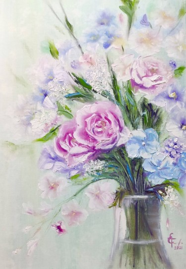 Painting titled "Gentle flower bouqu…" by Tatsiana Yelistratava, Original Artwork, Oil