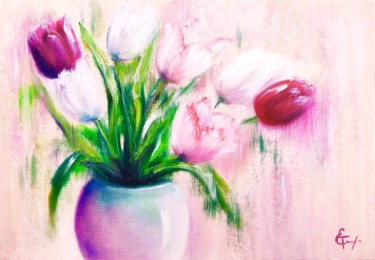 Painting titled "Spring tulips scent…" by Tatsiana Yelistratava, Original Artwork, Oil