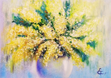 Schilderij getiteld "Mimosa flowers bouq…" door Tatsiana Yelistratava, Origineel Kunstwerk, Olie