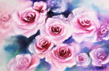 Malerei mit dem Titel "Hot pink roses oil…" von Tatsiana Yelistratava, Original-Kunstwerk, Öl