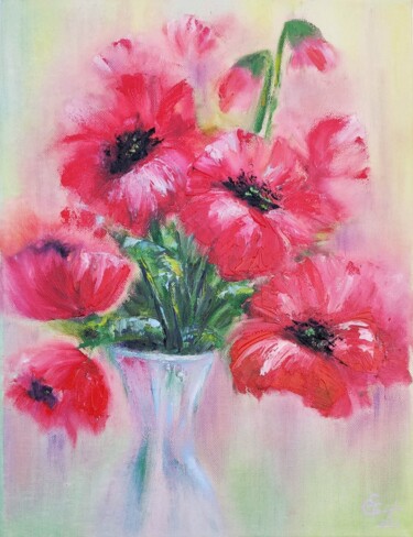 Painting titled "Red flowers still l…" by Tatsiana Yelistratava, Original Artwork, Oil Mounted on Wood Stretcher frame