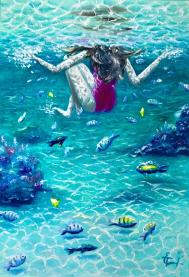 Painting titled "Woman Underwater, s…" by Tatsiana Yelistratava, Original Artwork, Oil