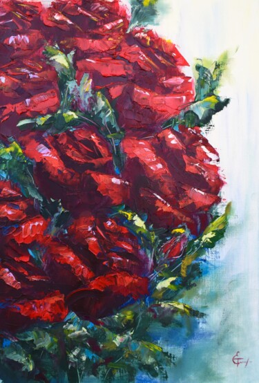 Рисунок под названием "Red roses oil paint…" - Tatsiana Yelistratava, Подлинное произведение искусства, Масло