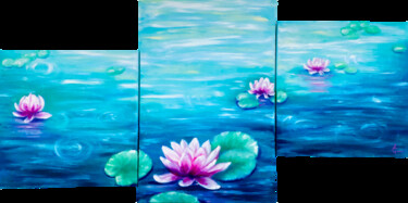 Painting titled "Water lily, reflect…" by Tatsiana Yelistratava, Original Artwork, Oil Mounted on Wood Stretcher frame