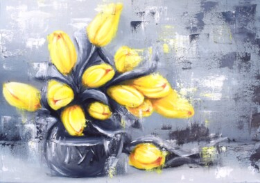 Картина под названием "Yellow tulips." - Tatsiana Yelistratava, Подлинное произведение искусства, Масло Установлен на Деревя…