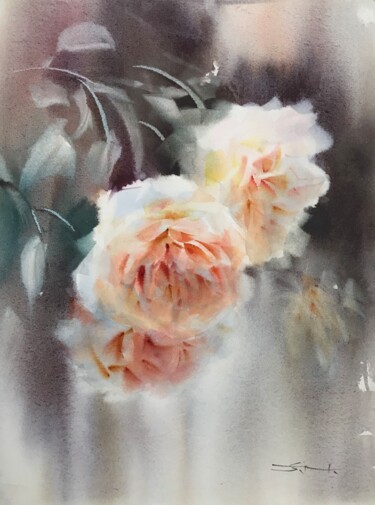 Painting titled "Garden Roses" by Tatsiana Harbacheuskaya, Original Artwork, Watercolor