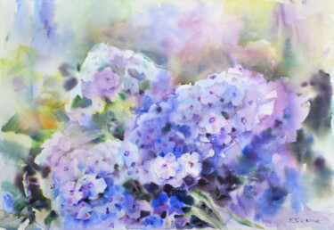 Painting titled "Blue phlox" by Tatsiana Harbacheuskaya, Original Artwork, Watercolor