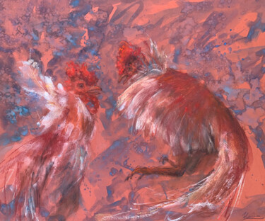 Painting titled "COCKFIGHT-  red col…" by Tatsiana Ilyina, Original Artwork, Pastel