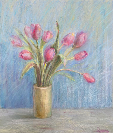 Painting titled "PINK TULIPS - flowe…" by Tatsiana Ilyina, Original Artwork, Pastel