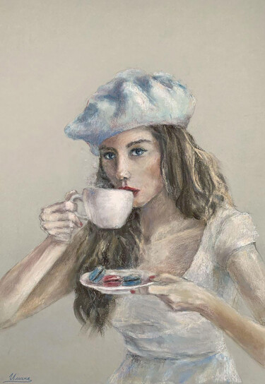 Peinture intitulée "COFFEE-  girl, woma…" par Tatsiana Ilyina, Œuvre d'art originale, Pastel