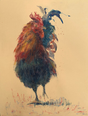Schilderij getiteld "ROOSTER-  bird draw…" door Tatsiana Ilyina, Origineel Kunstwerk, Pastel